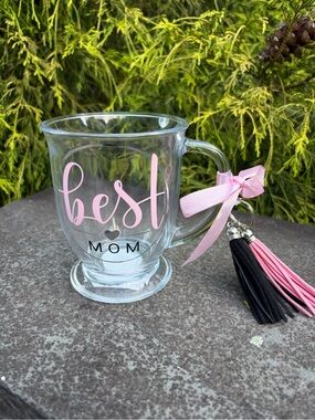 Best Mom Pink Glass Coffee Mug with Tassel Accent